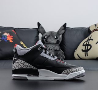 Side view of Jordan 3 Black Cement 2024 reps with grey elephant print