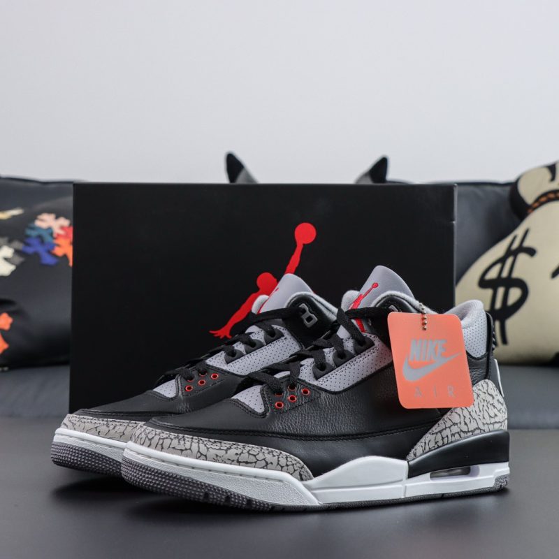 Jordan 3 Black Cement 2024 reps with black leather and shoebox combo