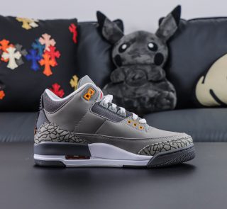 Inside view of Jordan 3 Cool Grey reps with grey suede and orange details