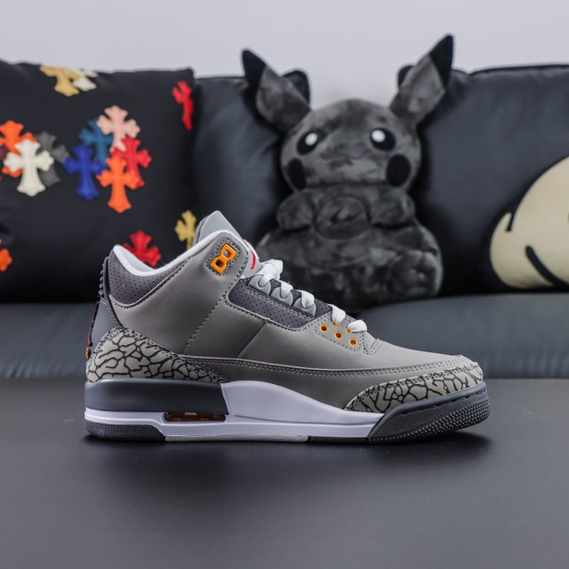Inside view of Jordan 3 Cool Grey reps with grey suede and orange details