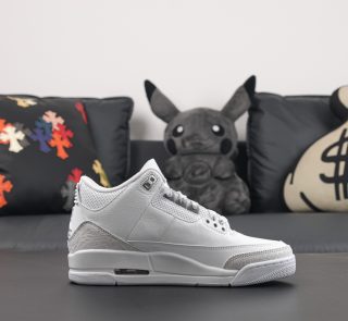 Side view of Jordan 3 Pure Money reps featuring white leather and elephant print