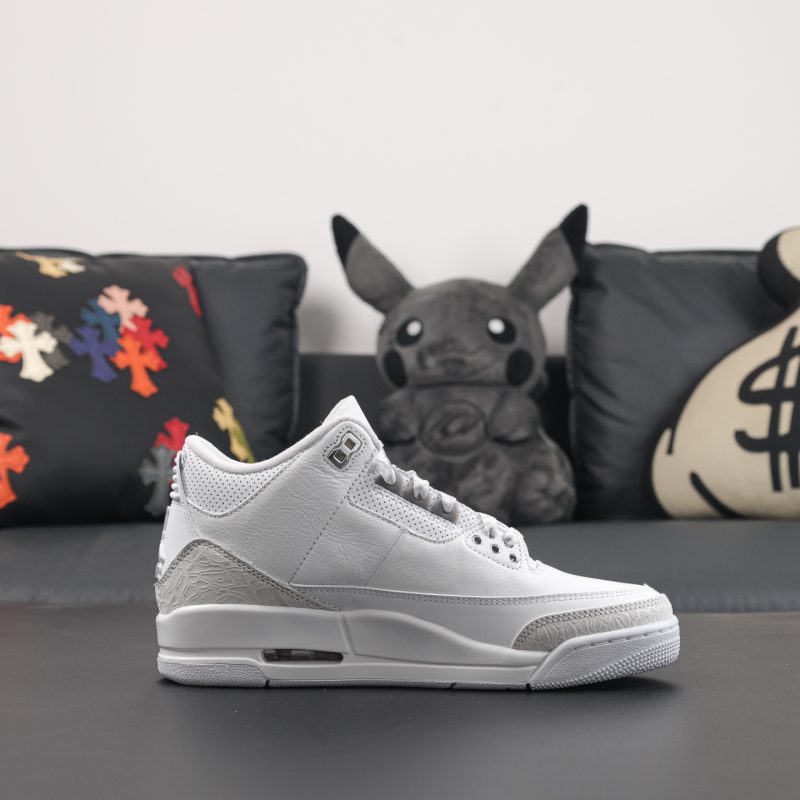 Side view of Jordan 3 Pure Money reps featuring white leather and elephant print