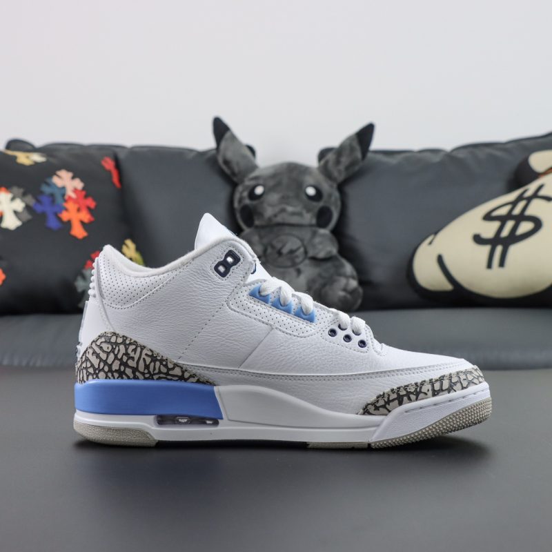 Inside view of Jordan 3 UNC 2020 reps with leather texture
