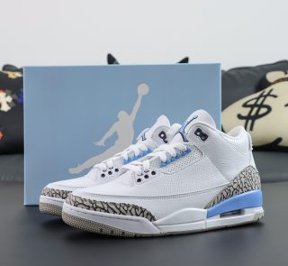 Jordan 3 UNC reps with box and blue-white colorway