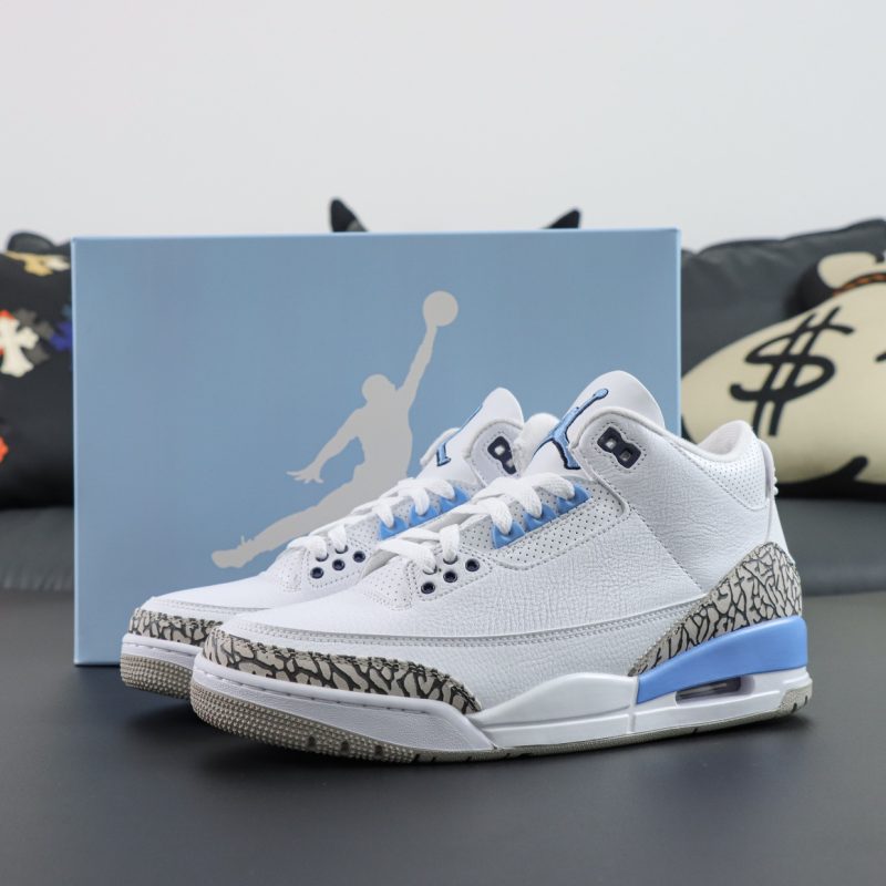 Jordan 3 UNC reps with box and blue-white colorway