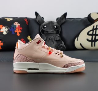 Side view of Jordan 3 Valentine's Day reps with soft leather and blush accents