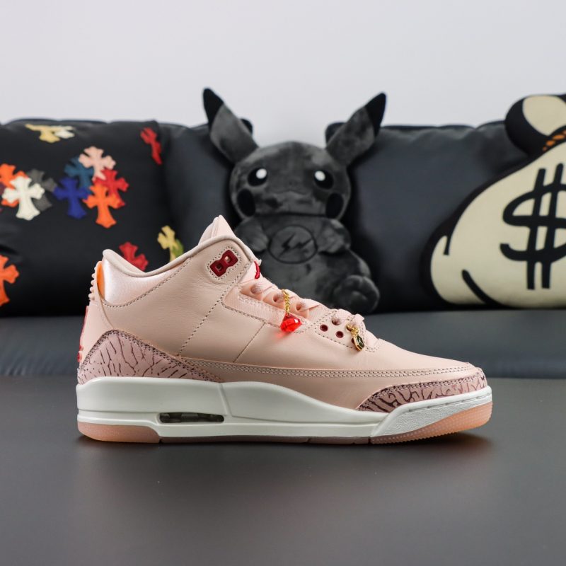 Side view of Jordan 3 Valentine's Day reps with soft leather and blush accents