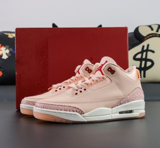 Jordan 3 Valentine's Day reps with pink suede and box in background