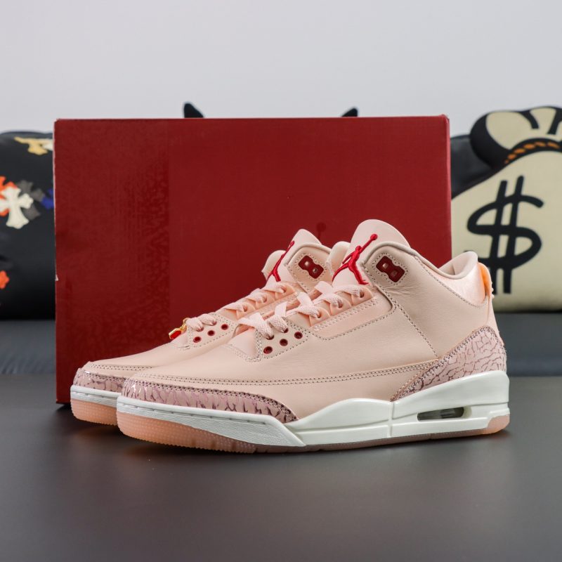 Jordan 3 Valentine's Day reps with pink suede and box in background