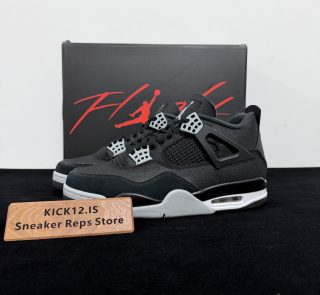 Jordan 4 Black Canvas Reps with box displayed on table