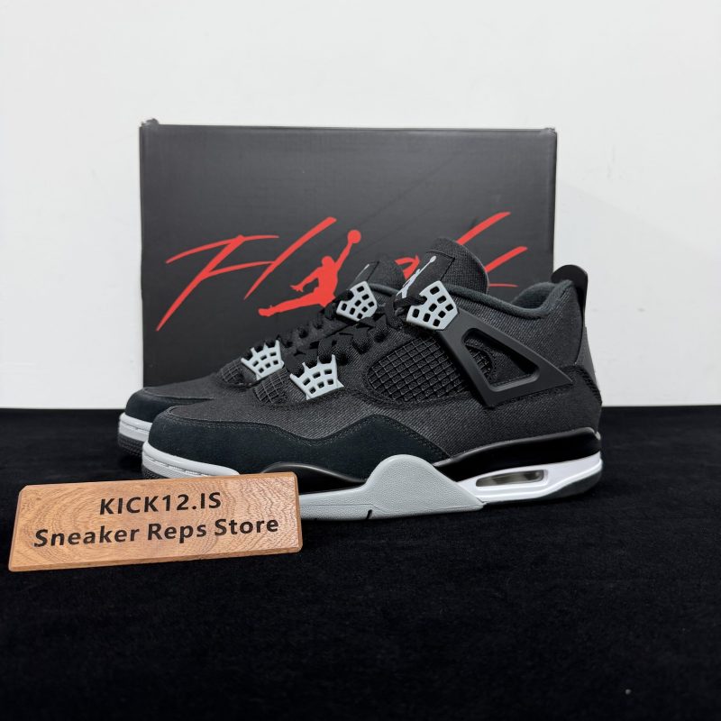Jordan 4 Black Canvas Reps with box displayed on table