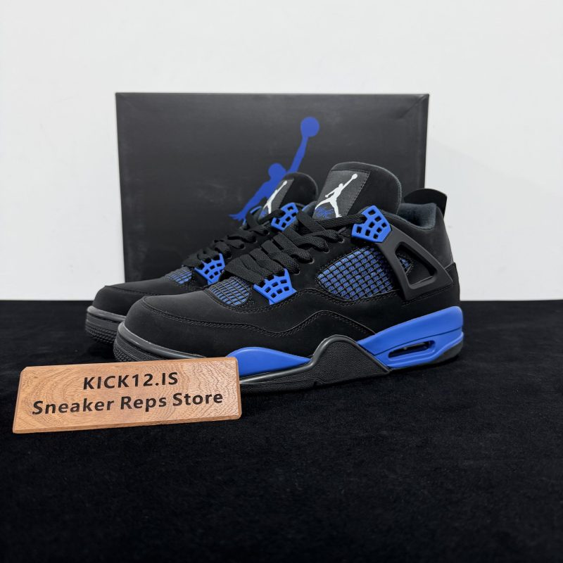 Jordan 4 Blue Thunder Reps with box displayed on table