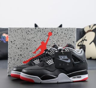 Jordan 4 Bred Reimagined reps with shoebox and black leather upper