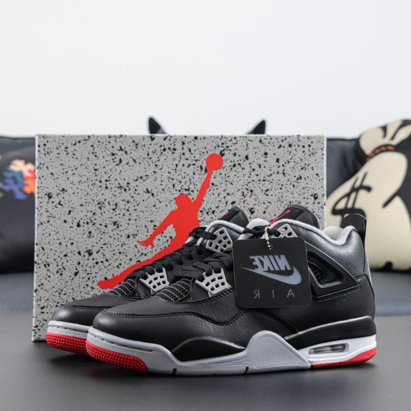 Jordan 4 Bred Reimagined reps with shoebox and black leather upper