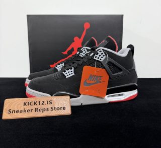 Jordan 4 Bred Reps with box displayed on table