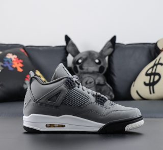 Side view of Jordan 4 Cool Grey replica sneaker with suede grey upper