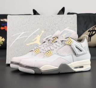Jordan 4 Craft Photon Dust reps with grey suede and leather upper and retail box