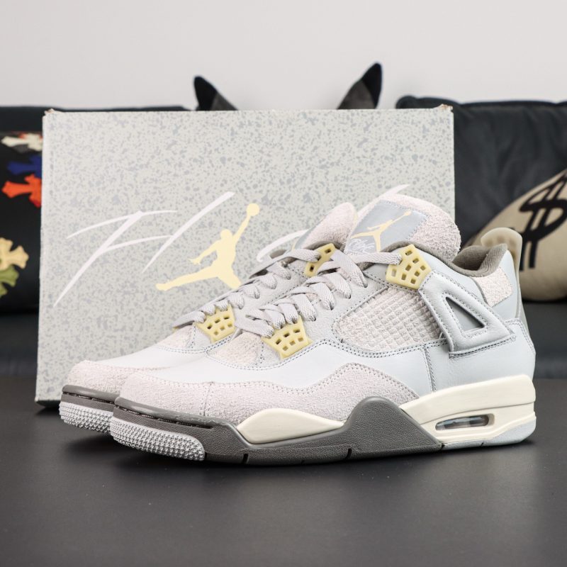 Jordan 4 Craft Photon Dust reps with grey suede and leather upper and retail box