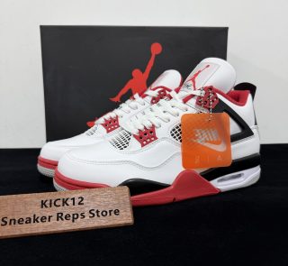 Jordan 4 Fire Red Reps with box displayed on table