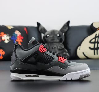 Side view of Jordan 4 Infrared reps featuring grey suede and black netting