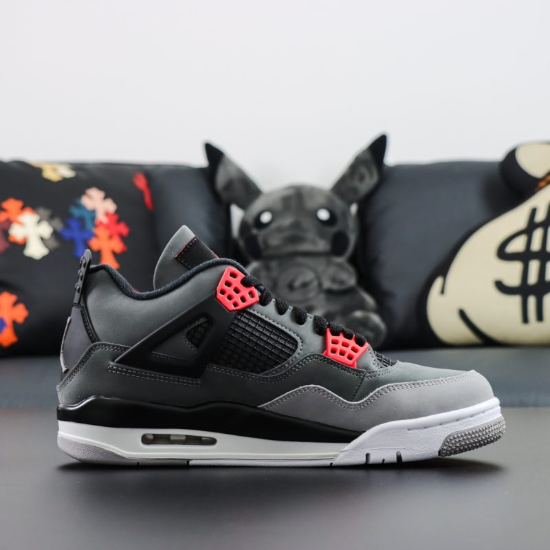 Side view of Jordan 4 Infrared reps featuring grey suede and black netting