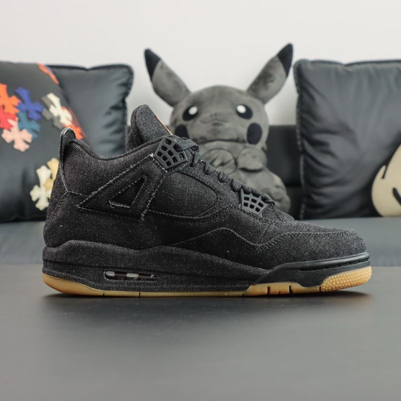 Inner view of black denim Jordan 4 Levi's replica sneaker