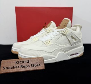 Jordan 4 Levi’s White Reps with box displayed on table