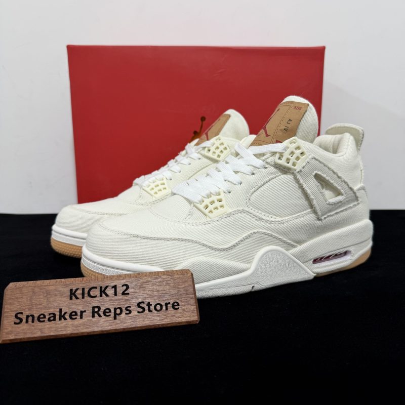 Jordan 4 Levi’s White Reps with box displayed on table