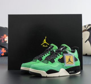 Jordan 4 Manila Reps in green leather with original-style box