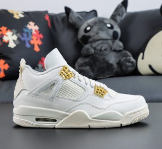 Side view of Jordan 4 Metallic Gold replica sneaker with white leather