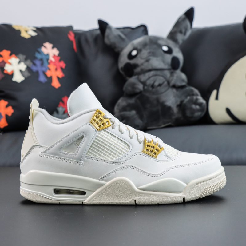 Side view of Jordan 4 Metallic Gold replica sneaker with white leather