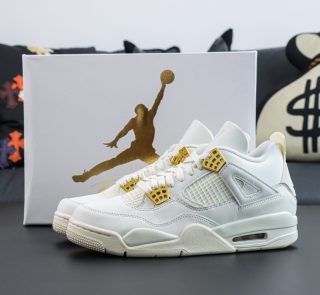 Jordan 4 Metallic Gold reps with shoebox and gold accent details
