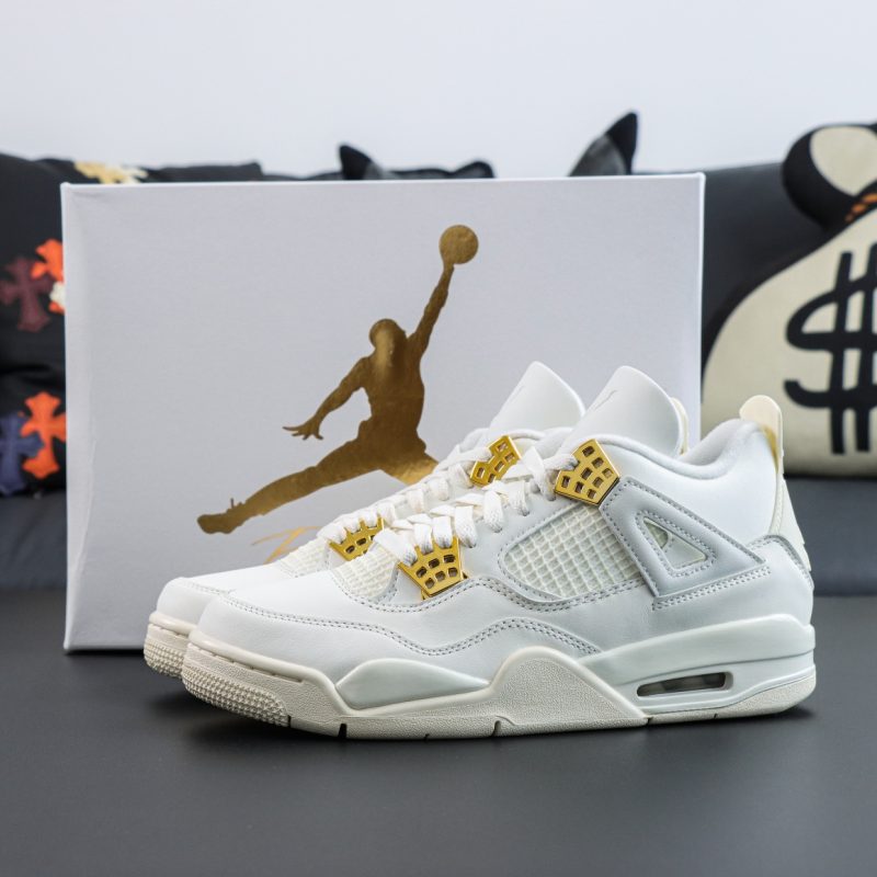 Jordan 4 Metallic Gold reps with shoebox and gold accent details