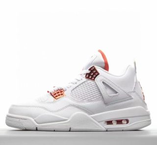Jordan 4 Metallic Orange reps with retail-style box and white leather upper