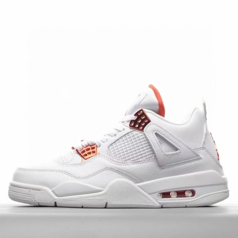 Jordan 4 Metallic Orange reps with retail-style box and white leather upper
