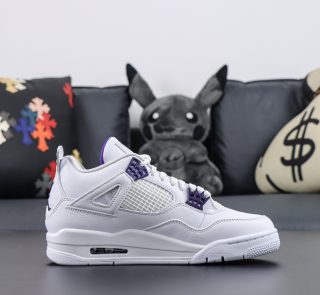 Side view of Jordan 4 Metallic Purple reps featuring white upper and purple eyelets