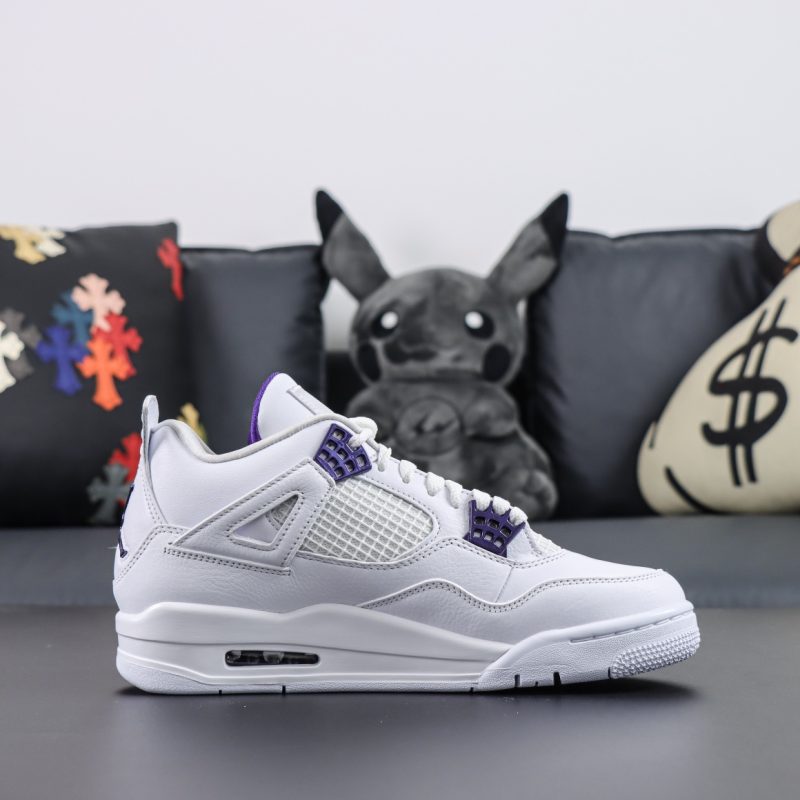 Side view of Jordan 4 Metallic Purple reps featuring white upper and purple eyelets