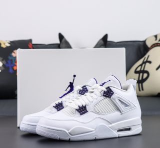 Jordan 4 Metallic Purple reps with shoebox and white leather upper with accents