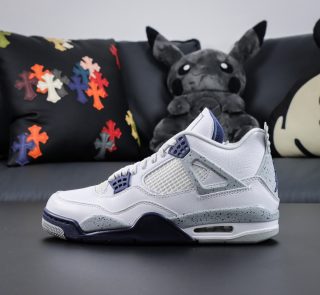 Side view of Jordan 4 Midnight Navy reps featuring white leather and navy netting