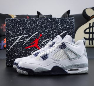 Jordan 4 Midnight Navy reps with shoebox and white leather upper with navy accents