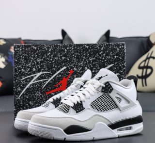 Jordan 4 Military Black reps with shoebox and white leather upper with black accents