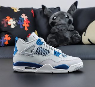 Side view of Jordan 4 Military Blue replica sneaker with blue accents