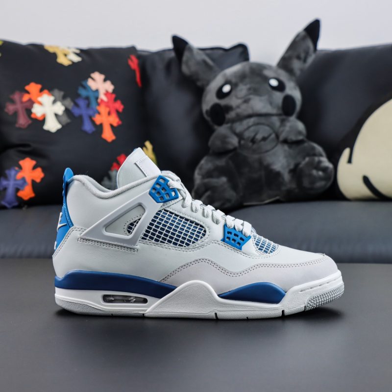 Side view of Jordan 4 Military Blue replica sneaker with blue accents