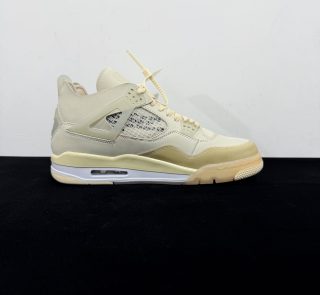 Inside view of Jordan 4 Off White Reps with printed text detail