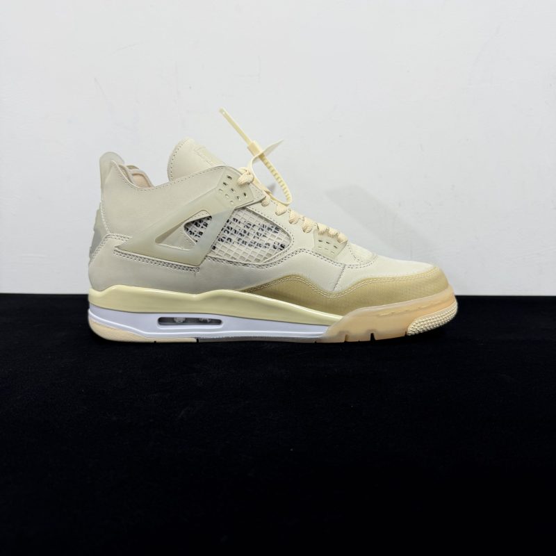 Inside view of Jordan 4 Off White Reps with printed text detail