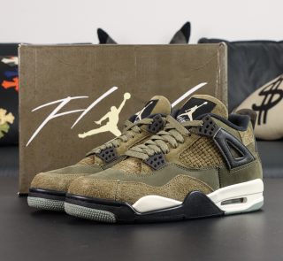 Jordan 4 Olive reps with retail-style box and medium olive leather upper