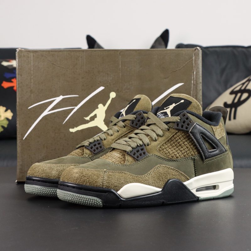 Jordan 4 Olive reps with retail-style box and medium olive leather upper