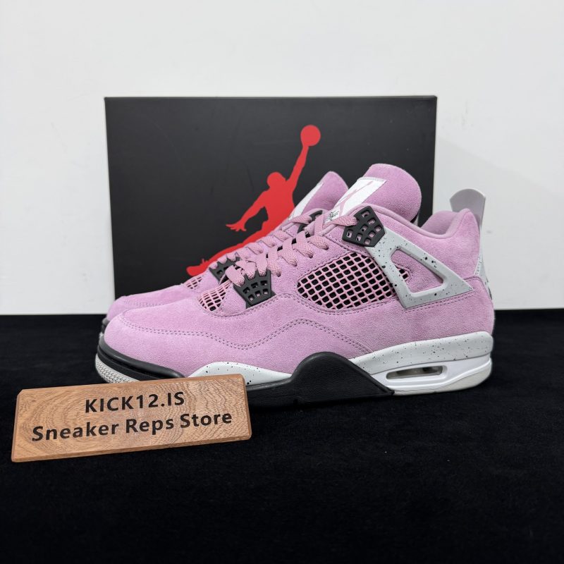 Jordan 4 Orchid Reps with box displayed on table