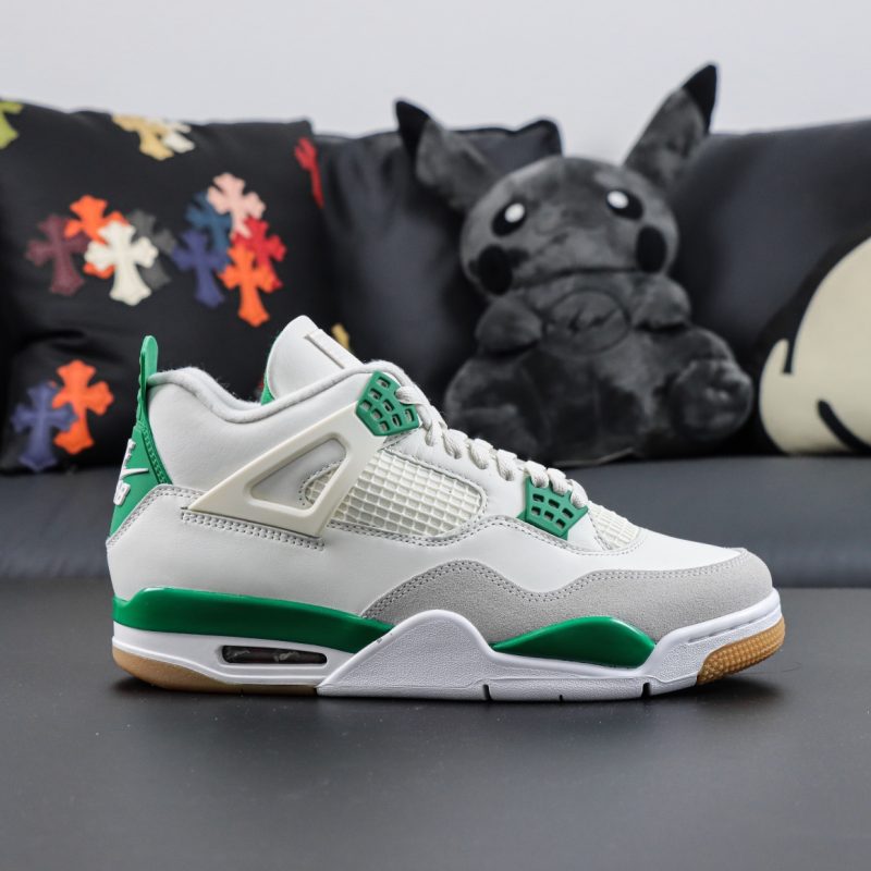 Side view of Jordan 4 Pine Green replica sneaker with white leather and green details