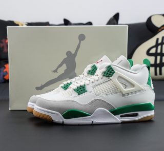 Jordan 4 Pine Green reps with shoebox and metallic green accent